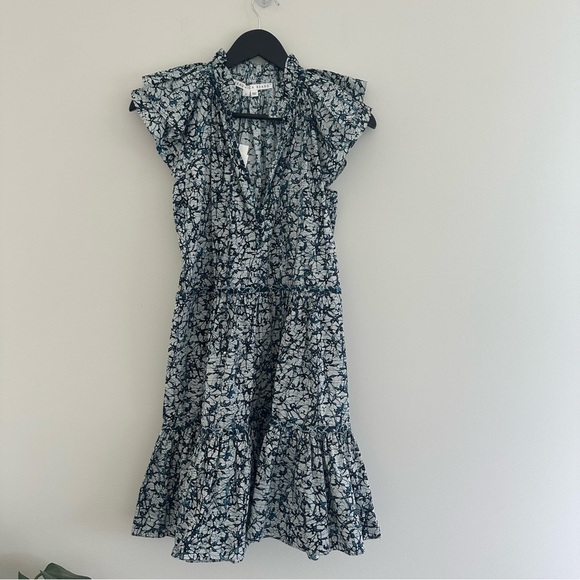 VERONICA BEARD TIERED RUFFLE COTTON ZEE DRESS - OFF WHITE/NAVY- SIZE 0 - Picture 4 of 12